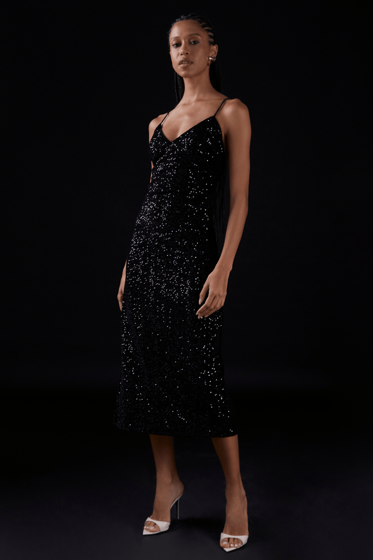 VESTIDO MIDI PAETÊ VELUDO-PRETO PP - PRETO - 314778